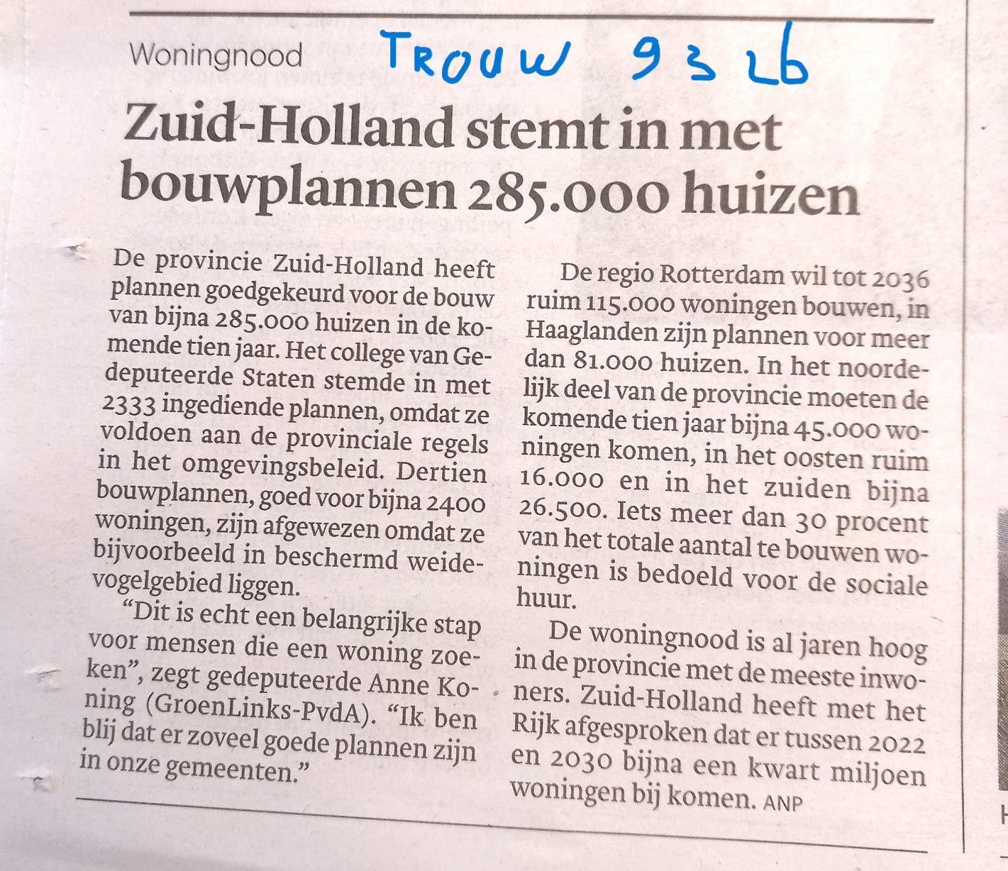Trouw, Zuid-Holland provincie 285.000 woningen